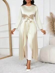 SHEIN Lady Blusa de cuello redondo de manga larga en beige con lazo a la cintura, abertura frontal y bajo con volantes, top de mujer de otoño