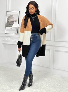 SHEIN Lady Women's Black And Cream Fuzzy Sweater Cardigan,Contrast Color Wide Stripe Long Sleeve Casual Commuting Outfits For Autumn,Winter Occasion Clothes - Multicolor - View 6