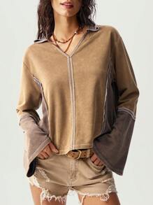 Bohemela Vrouwen effen kleur patchwork lange mouwen rits voorkant casual T-shirt