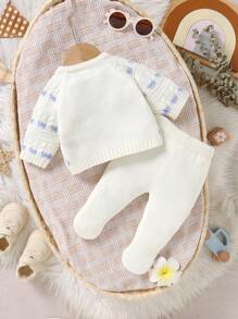 SHEIN Vintaside Kids Bộ áo len chui đầu đơn giản màu xanh lá cây cho bé trai và quần legging - trắng - Xem 2