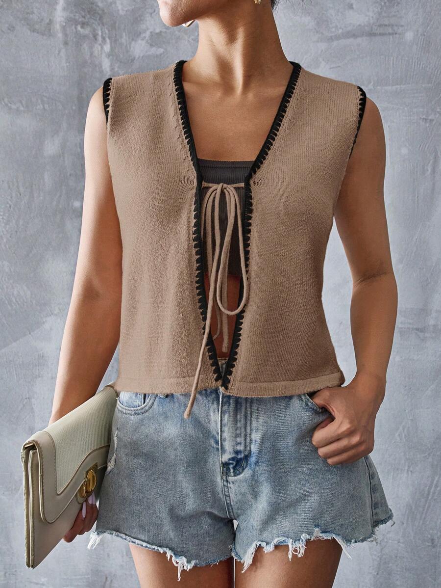 SHEIN Essnce Áo len chui đầu thắt nút màu tương phản giản dị cho nữ - Màu Khaki - Xem 1