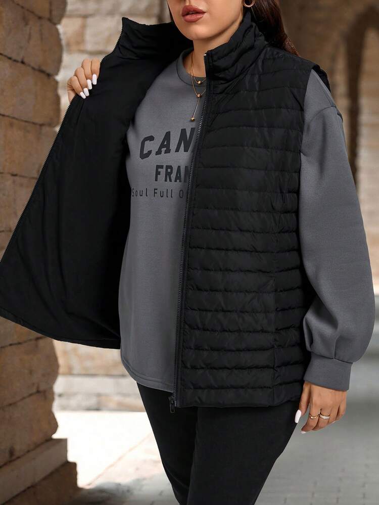 Plus Size Black Plain Front Zip Sleeveless Minimalist Down& Feathers Jacket, Casual Everyday Wear,Winter Women Coat