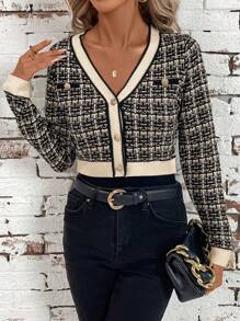 SHEIN Clasi 1 Áo khoác cardigan dáng ngắn phối màu cho nữ, họa tiết kẻ caro, thanh lịch cho mùa thu/đông - Màu be - Xem 3