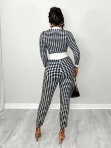 BamGleam Nuevo conjunto de 2 piezas de suéter de punto de pata de gallo negro y blanco para mujer, con botones metálicos, bolsillos falsos, escote redondo, manga larga, ajuste sexy, elegante y lujoso para otoño/invierno