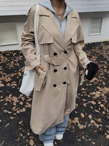 Muchica 女士休闲连帽拼接长款风衣配扣腰带 - 卡其色 - 查看 3