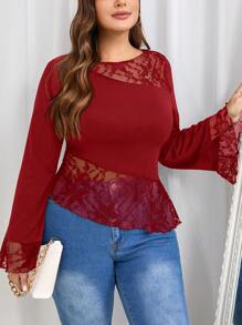 SHEIN Frenchy Plus Size Asymmetrical T-Shirt With French Minimalist Lace Patchwork, Black