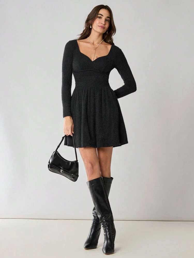 Women's Romantic Black Sweetheart Neck Waisted Long Sleeve Elegant Short Dress,Fall Winter Women Dresses,Winter Women's Clothing,Black Dresses,Warm Clothes,Christmas Women Clothes,Christmas Party Dress,New Years Dress