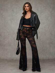 SHEIN BAE Women's Black Sexy Lace Night Out/Rave Party/Club Wear/Bachelor Party/Theme Party Outfit See-Through Lace Wide-Leg Flared Pants/70s Clothes/Black Pants,Valentine's Day,Valentine Outfits For Women - Black - View 4
