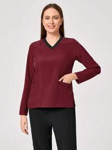 TaskEZ Women's Contrast Binding Long Sleeve Scrub Uniform Top - Red - View 3