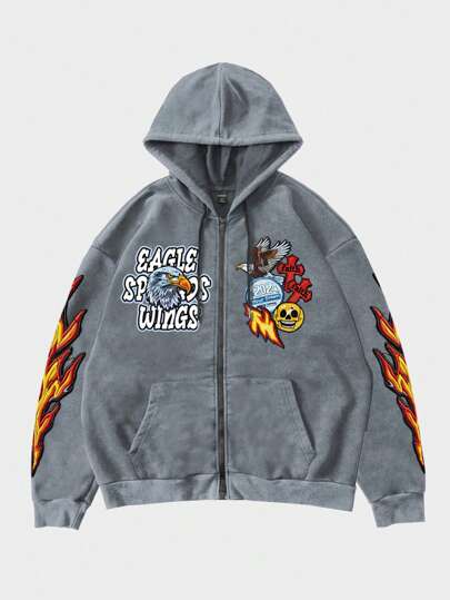 Street Life Men's Letter & Cartoon Print Hooded Zipup Long Sleeve Sweatshirt Sweatshirt