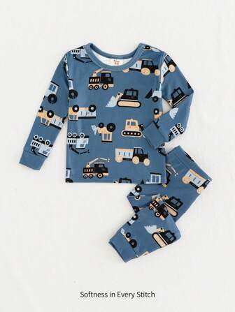 Cozy Pixies 2pcs/Set Baby Boy Snug Fit Pajamas With Cartoon Car Print, Soft Knit Long Sleeve Top And Pants Sleepwear Set