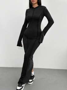 Chiquease 1 pieza Vestido largo casual de mujer de unicolor y ajuste ceñido - Negro - Ver 3