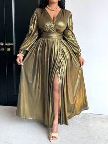 Maweii Đầm Maxi Cổ Chữ V Tay Dài Viền Xẻ Bên Thanh Lịch Cỡ Lớn Cho Nữ, Mùa Xuân Thu Cho Quần Áo Dự Tiệc Năm Mới - Vàng - Xem 6