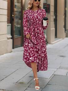 SHEIN LUNE 1 pieza Vestido largo con manga farol, cintura entallada y estampado floral pequeño para mujer, elegante estilo de resort, vestimenta para mujer maxí de color borgoña para primavera y otoño - Burdeos - Ver 4