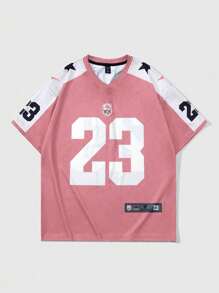 ROMWE MEN Prep 男士拼色短袖足球球衣款式 T 恤，适合春夏季 - 粉色 - 查看 1