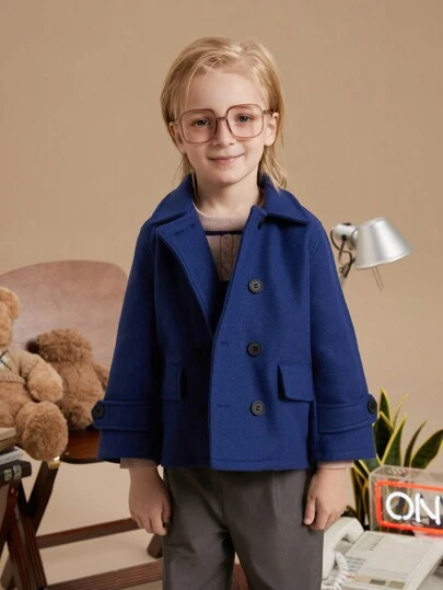 PrepCrw Young Boys Collegiate Style Blue Woven Fitted Double Breasted Lapel Coat, Autumn/Winter