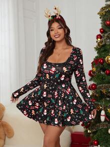 SHEIN EZwear 圣诞节曲线数码印花圣诞老人、姜饼人、圣诞树、圣诞装饰品、雪人、雪花图案、喇叭领长袖、荷叶边下摆修身连身裤连体衣带口袋、女士圣诞装、冬季女装 - 彩色 - 查看 7