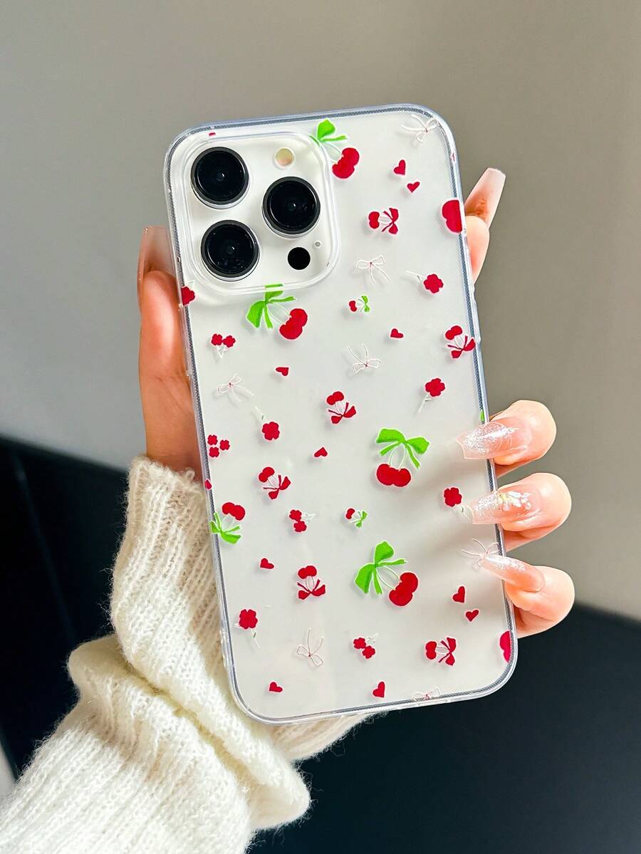 Studio Mila Sanchez 艺术家极简主义樱桃印花透明手机壳，带蝴蝶结孔装饰，兼容 iPhone 16，女芯风格 - 無色 - 查看 1