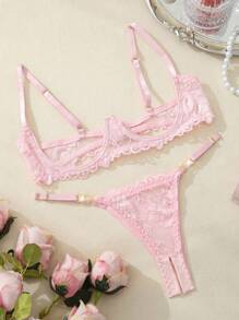 2 piezas Conjunto de lencería con sujetador con aros y tanga con recortes de encaje rosados y sensuales para mujer, conjunto de sujetador y pantie