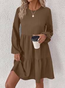 SHEIN LUNE 纯色圆领荷叶边下摆休闲长袖连衣裙 - 棕色 - 查看 5