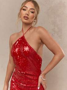MISSGUIDED 亮片吊带迷你连衣裙，露背垂褶设计，适合派对、节日、新年夜等特殊场合，夜店紧身晚礼服，闪耀迷人 - 紅色 - 查看 3