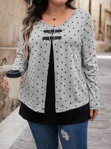 SHEIN LUNE Camiseta casual de manga larga con cuello redondo y botones con estampado de lunares para mujer de talla grande, ropa de otoño para tallas grandes