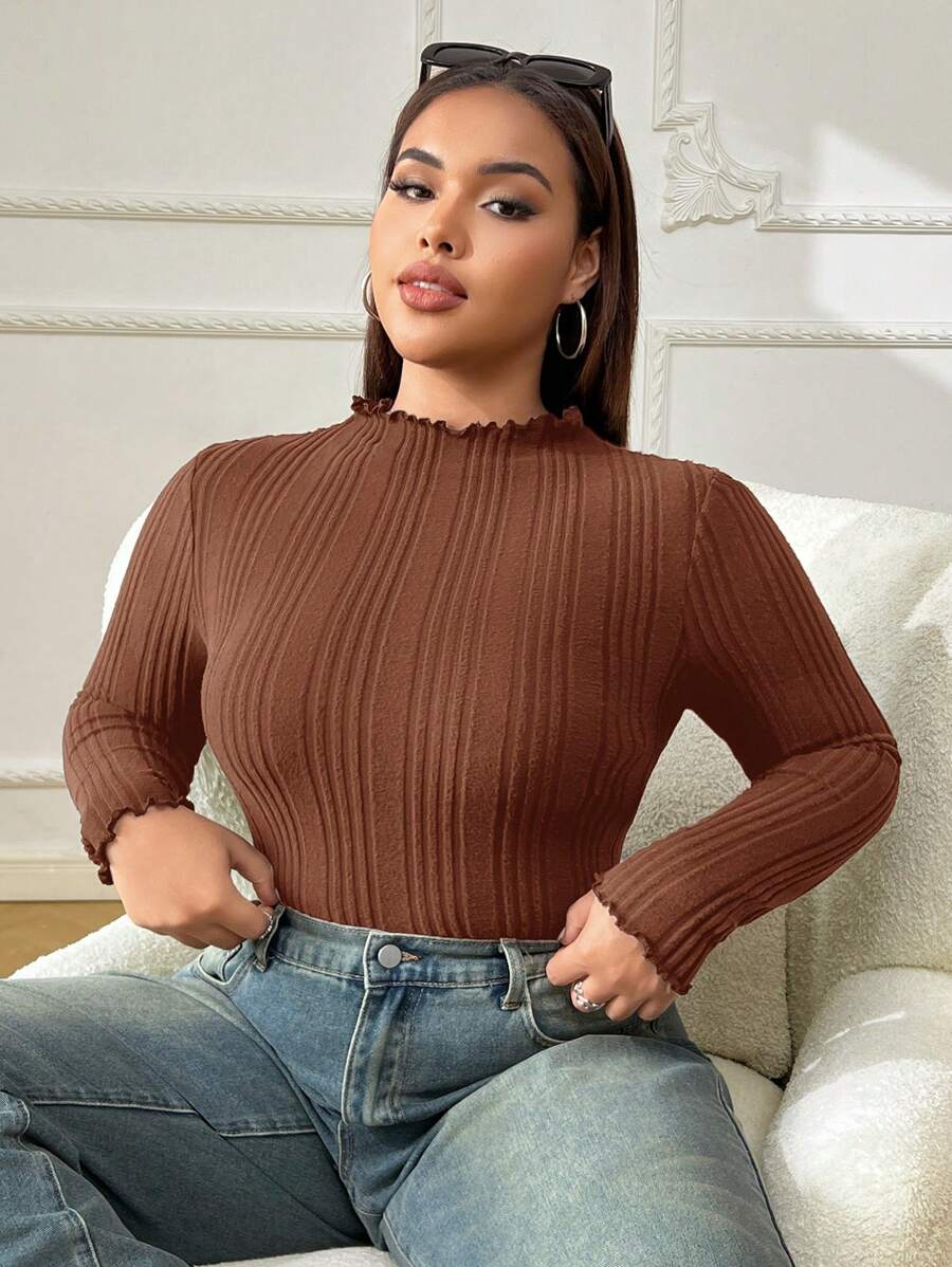 SHEIN EZwear 大码女式休闲罗纹长袖修身 T 恤,秋季 - 棕色 - 查看 1