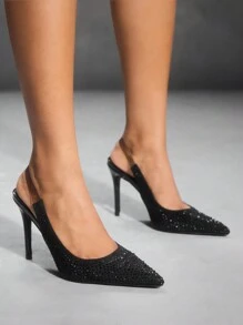 CUCCOO SZL 女士时尚黑色全水钻扣尖头细高跟鞋，适合通勤、约会、聚会、节日、婚礼、度假新年假期 - 黑色 - 查看 7