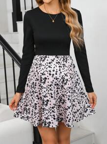 SHEIN 2pcs Maternity Set - Solid Color Round Neck Long Sleeve Top & Adjustable Waist Allover Print A-Line Skirt, Autumn
