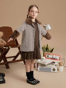 PrepCrw Young Girls' Brown Houndstooth Collared Single Breasted Woolen Coat, Elegant Princess Stylish, Autumn/Winter - Brown - View 4