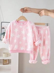 SHEIN 2pcs Young Girl Starry Pattern Ribbed Crew Neck Long Sleeve Pajama Set With Soft Fleece, Winter - Multicolor - View 2