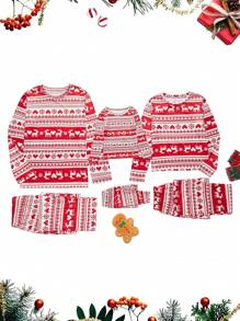 Young Girl Merry Christmas Printed Christmas Element Long Sleeve & Pants 2pcs Snug Fit Pajama Set, Family Matching Outfits "Mommy And Me" Clothes (4 Sets Sold Separately)