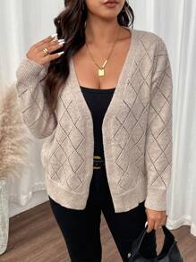 SHEIN LUNE V领菱形镂空休闲针织开衫 - 卡其色 - 查看 4