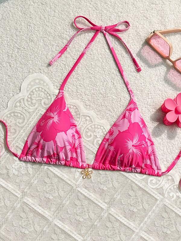 Swim Mod Summer Beach Women Metal Flower Decor Random Print Triangle Bikini Top