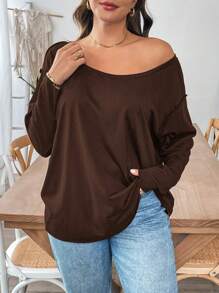 SHEIN Essnce Áo phông nữ tay dài rộng rãi, thoải mái, hở vai màu nâu, áo phông nữ cỡ lớn, trang phục, trang phục mùa thu, áo bất đối xứng, áo nữ, áo có tay, quần áo mùa thu, áo dễ thương, áo cong, áo rộng thùng thình - Màu nâu Sô-cô-la - Xem 1