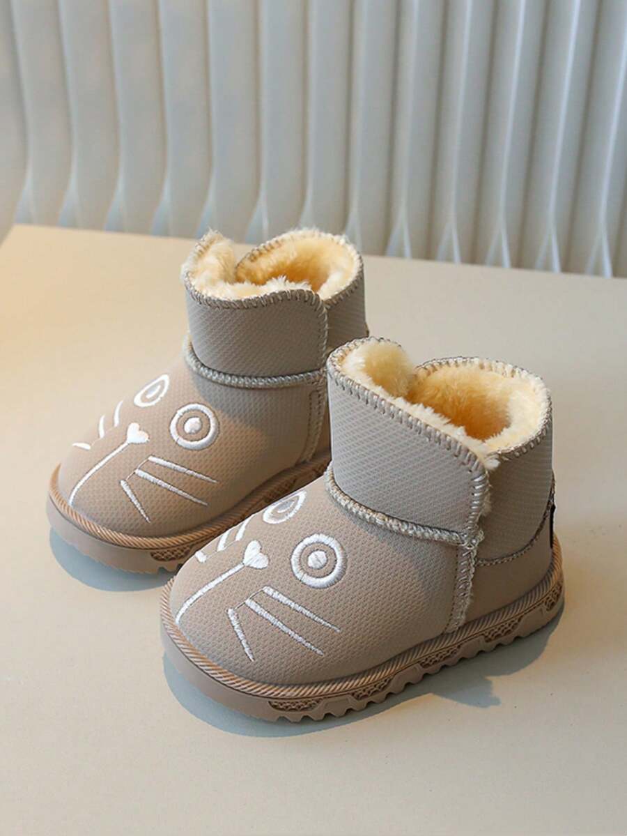 Giày bốt đi tuyết dày ấm áp mới cho bé gái mùa đông 2024, Giày bốt trẻ em dễ thương hoạt hình, Giày bốt ngắn lông nhung cho bé trai mới biết đi, Giày bốt cổ ngắn ống chống trượt - Màu Khaki - Xem 1