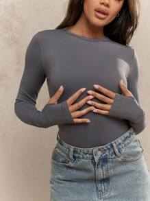 MISSGUIDED Long Sleeve Form Fitting Bodysuit Round Neck Basic Layering Essential Fall Winter Stretch Comfort Wear Casual Daily Outfit Foundation Piece - Dark Grey - View 3