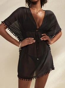 SHEIN Swim Vestido de playa de verano para mujer de unicolor con nudo delantero y decoración de pompones