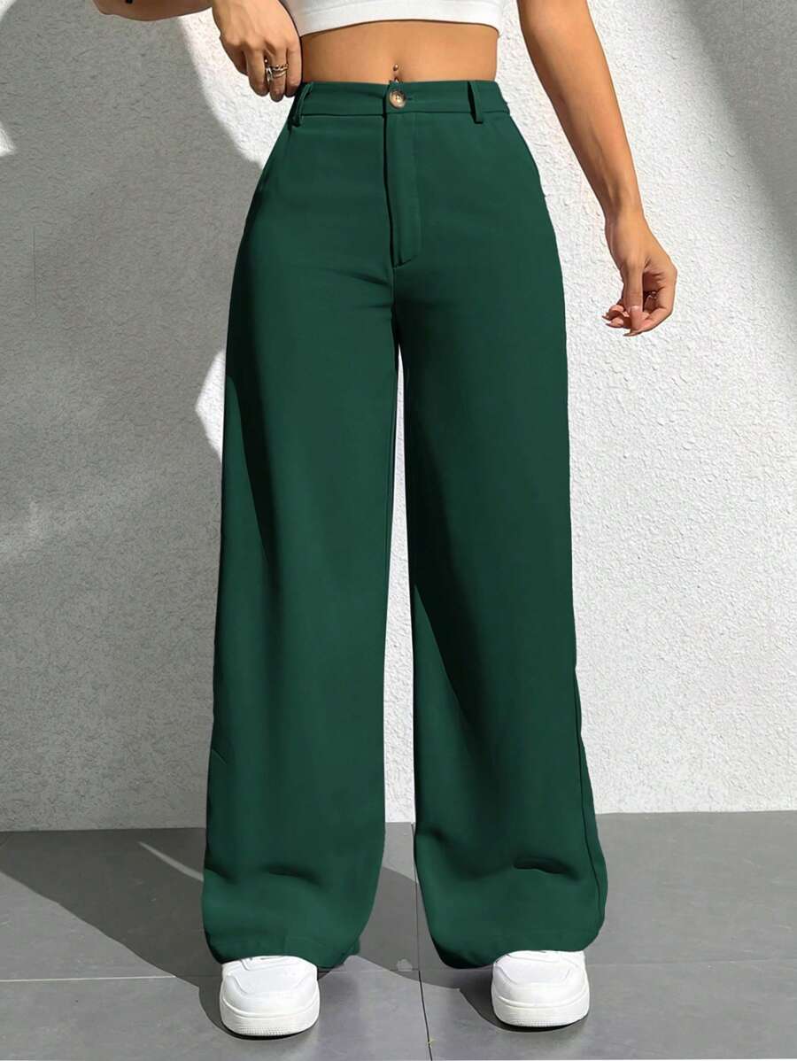 SHEIN PETITE Pantalones casuales de unicolor con bolsillo y botones delanteros para mujeres - Verde Oscuro - Ver 1