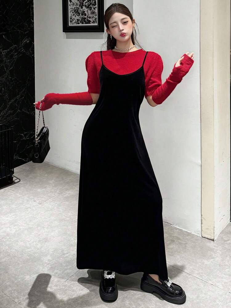 2pcs Women Casual Sweater And Slip Dress Set, Autumn/Winter