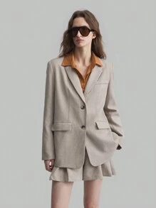 Ontre Khaki Linen Asymmetric Cloak Blazer And Shorts Business Suit Set, Stylish For Autumn - Khaki - View 5