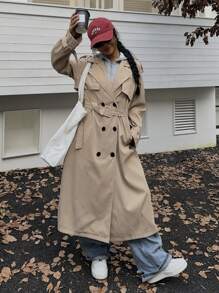 Muchica 女士休闲连帽拼接长款风衣配扣腰带 - 卡其色 - 查看 4