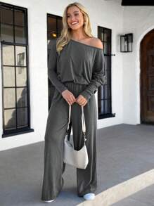 SHEIN LUNE 2pcs Women Casual Open Shoulder Top And Long Pants Set - Grey - View 4
