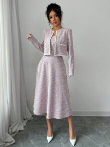 Elenzga 女士优雅珍珠装饰短款夹克和紧身连衣裙两件套