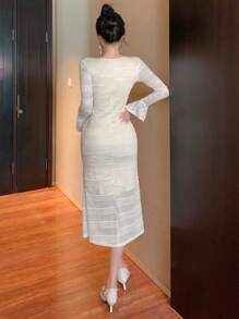 DAZY V-Neck Lace Mermaid Midi Dress For Women,Ruffle,Fall Clothes Long Sleeve Dress