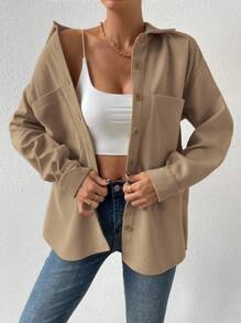 SHEIN Unity 女士纯色落肩长袖口袋单排扣休闲夹克，秋季 - 卡其色 - 查看 6