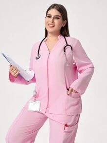 TaskEZ Plus Size Plain Long Sleeve Pocket Simple Top And Pants Uniform Set Scrub Set