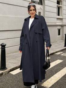 CovetEZ Trench-coat long de couleur kaki pour les grandes tailles, idéal pour le début de l'automne - Bleu marine - Voir 2