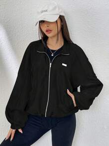 SHEIN EZwear Spring Colorblock Raglan Sleeve Drawstring Hem Zip Up Windbreaker Jacket In Fall/Winter - Black - View 6