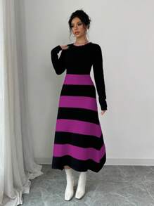 Elenzga Color Block Striped Knitted Sweater Dress - Lilac Purple - View 3